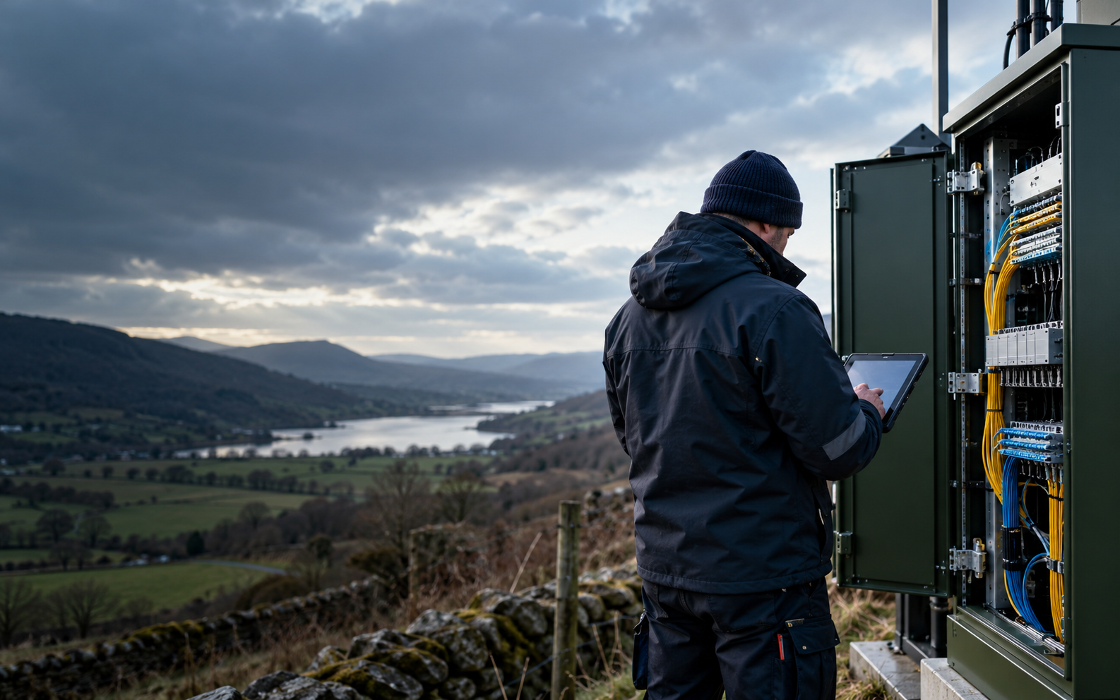 Conceptual image of a field engineer reviewing work beside a telecommunications cabinet