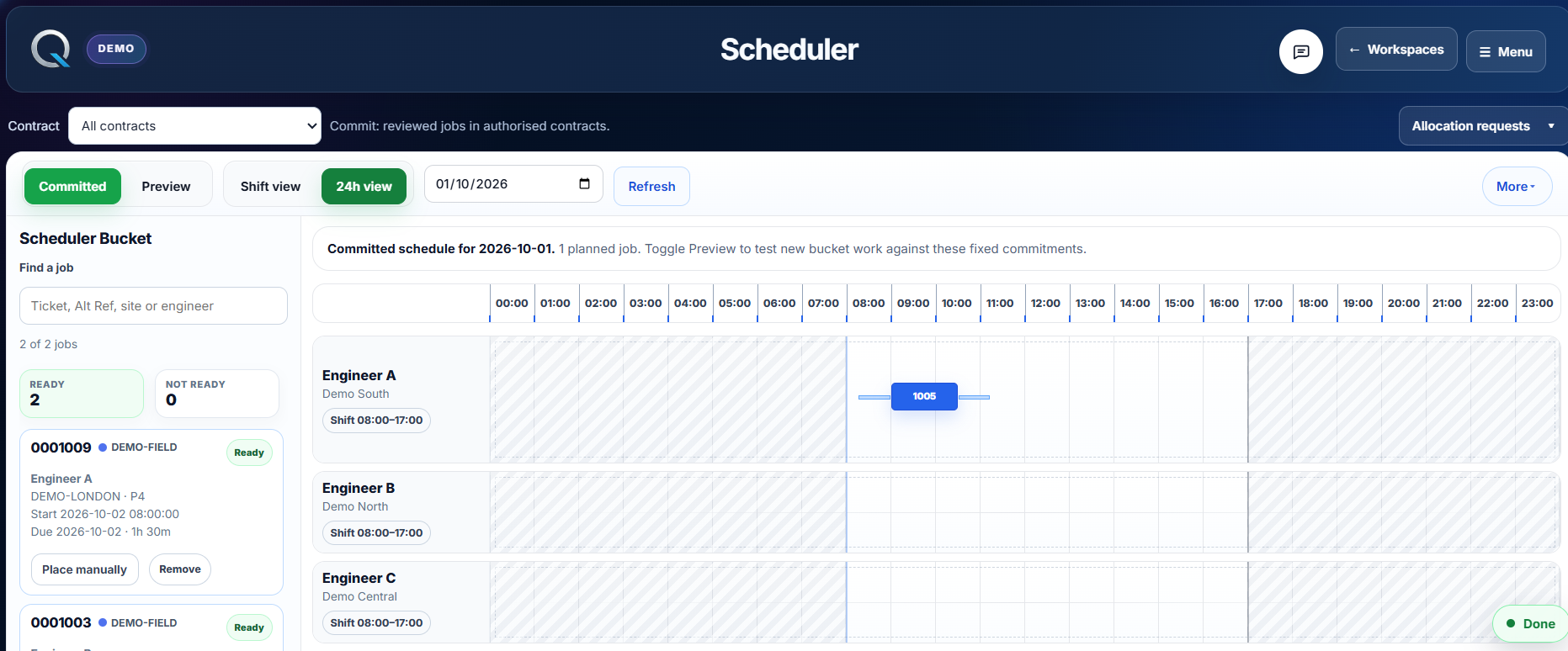 Orqentra Demo Scheduler showing a work bucket beside a planning timeline